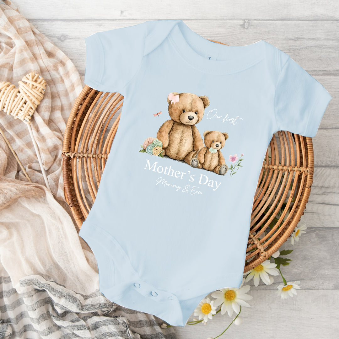 Personalised Our First Mother's Day Teddie Blue Babygrow/Vest