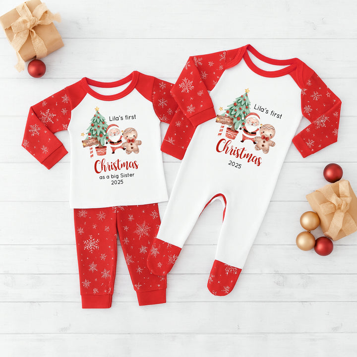 Personalised Christmas Tree Sibling Matching Snowflake Babygrow/Pyjamas