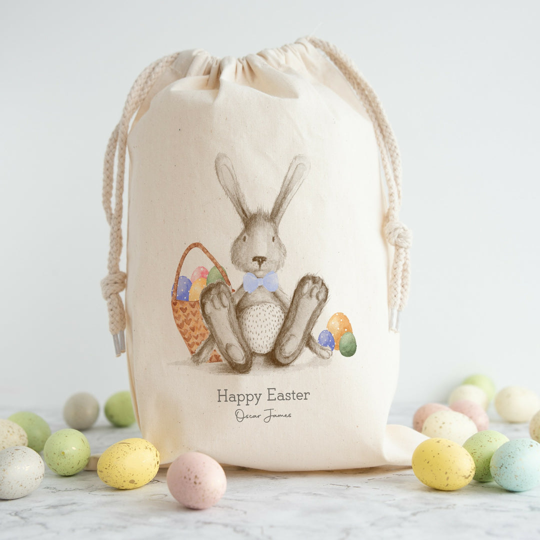 Personalised Happy Easter Blue Grey Bunny Treat Bag