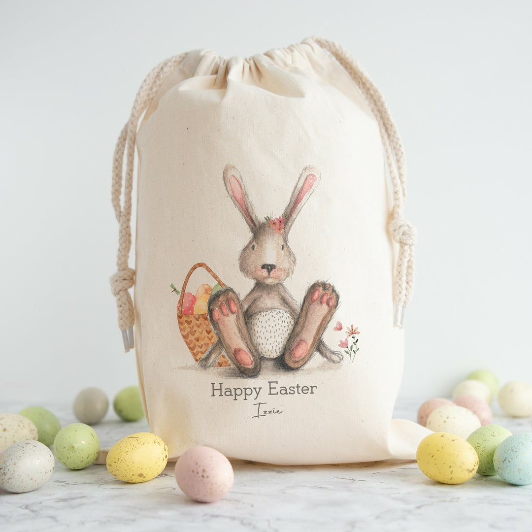 Personalised Happy Easter Pink Grey Bunny Treat Bag