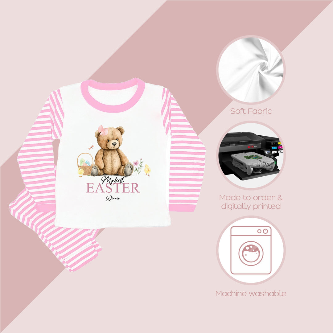 These pyjamas are 100% Cotton and are made to order. They can be machine washed