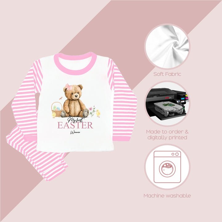 These pyjamas are 100% Cotton and are made to order. They can be machine washed