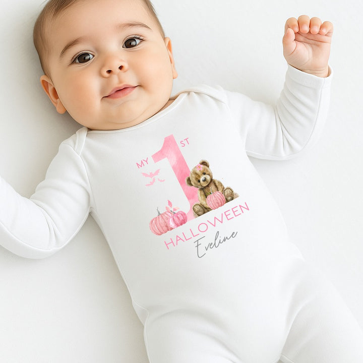 Personalised Pink Bear First Halloween Babygrow/Vest/Bibs