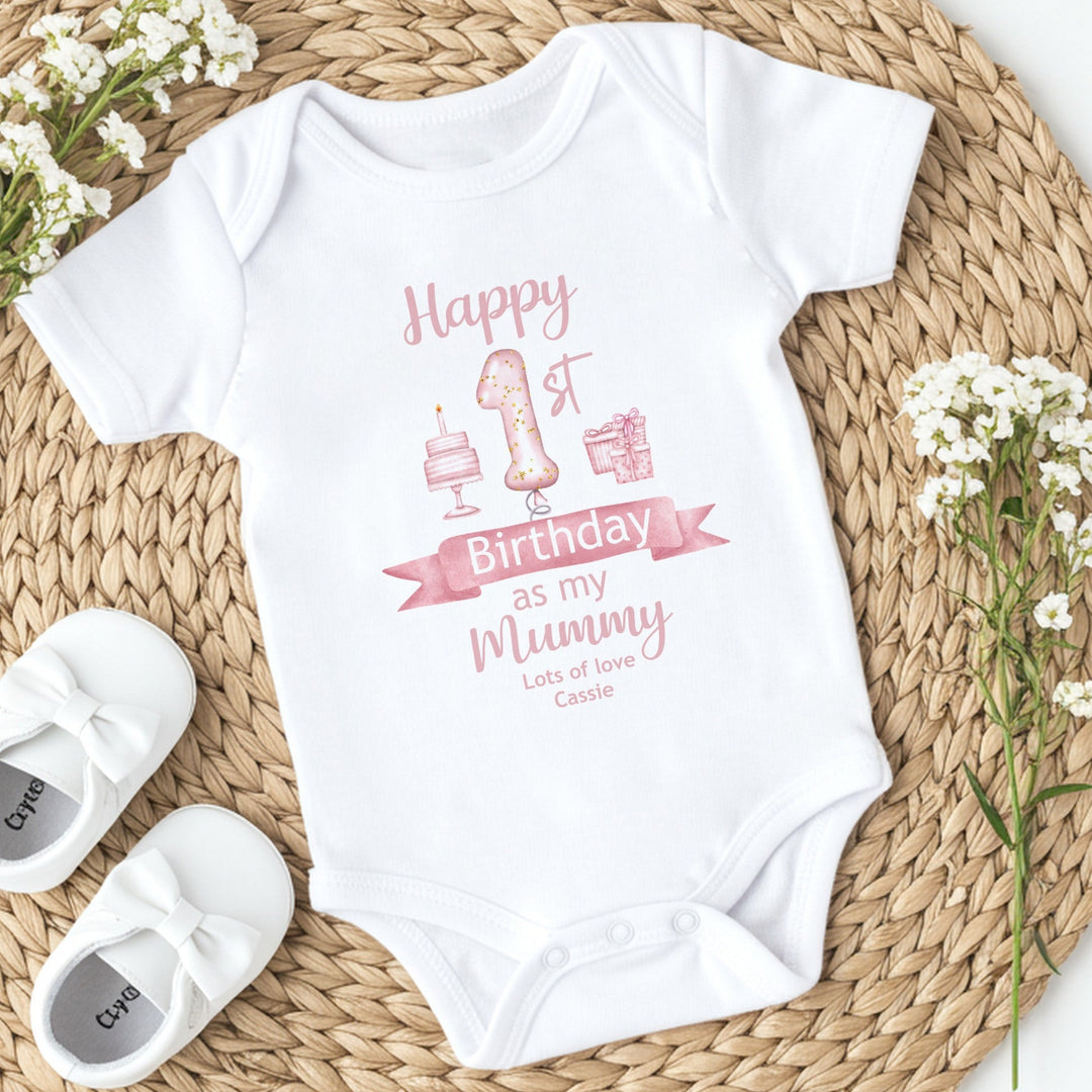 Personalised Happy 1st Birthday Mummy Pink Balloons Babygrow/Vest