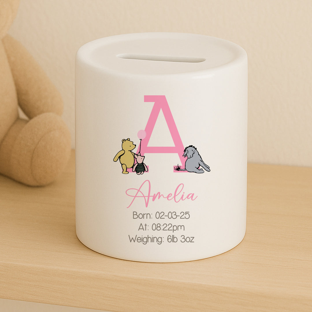Personalised Pink Pooh Bear Ceramic Money Box