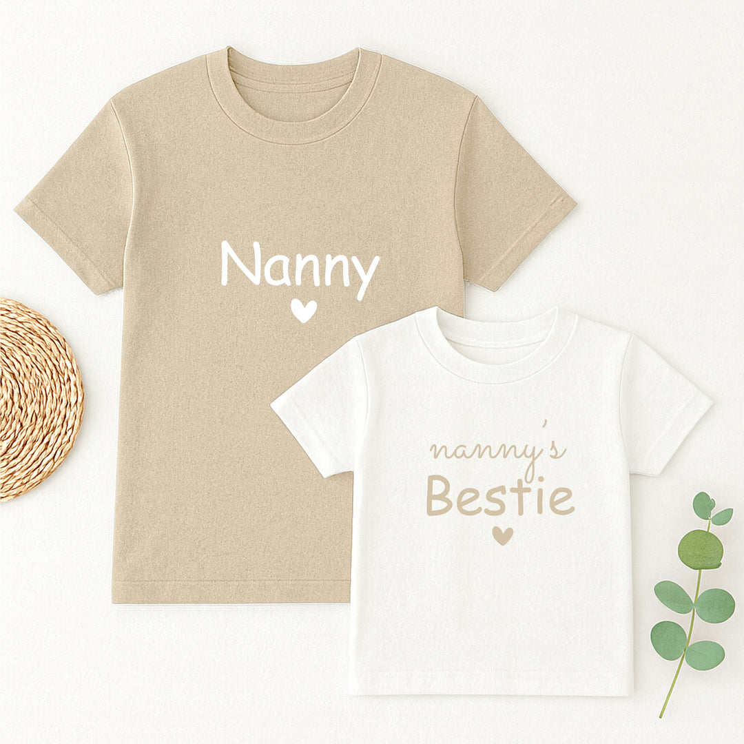 Beige t-shirt with 'Nanny' and white t-shirt with 'nanny's Bestie' text on a light background.
