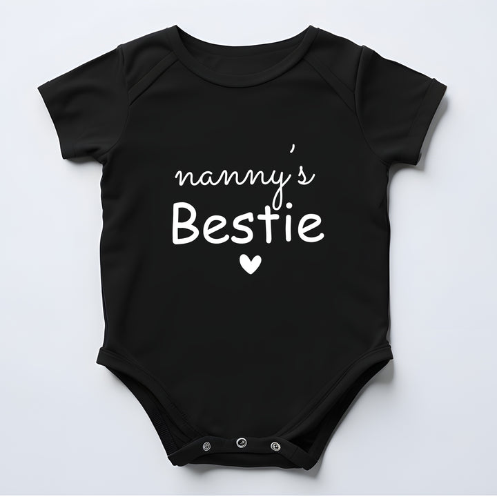 Black baby onesie with 'nanny's Bestie' text on a white background