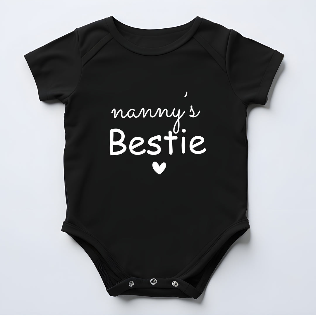 Black baby onesie with 'nanny's Bestie' text on a white background