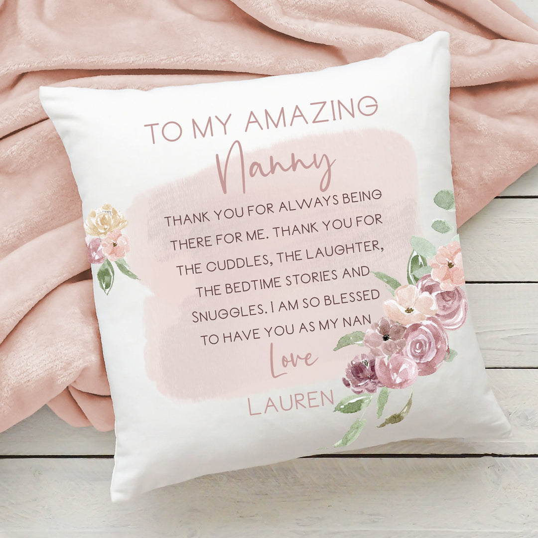 Personalised Amazing Nanny Pink Floral Cushion