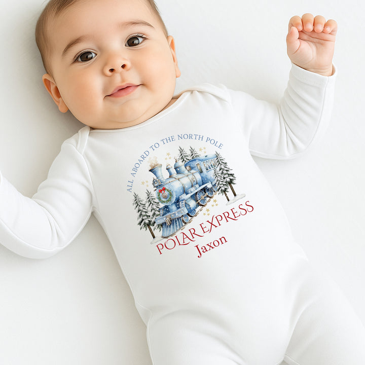 Personalised Blue Festive Train Christmas Baby Grow/Vest/Bib