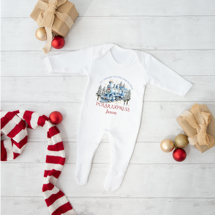Personalised Blue Festive Train Christmas Baby Grow/Vest/Bib