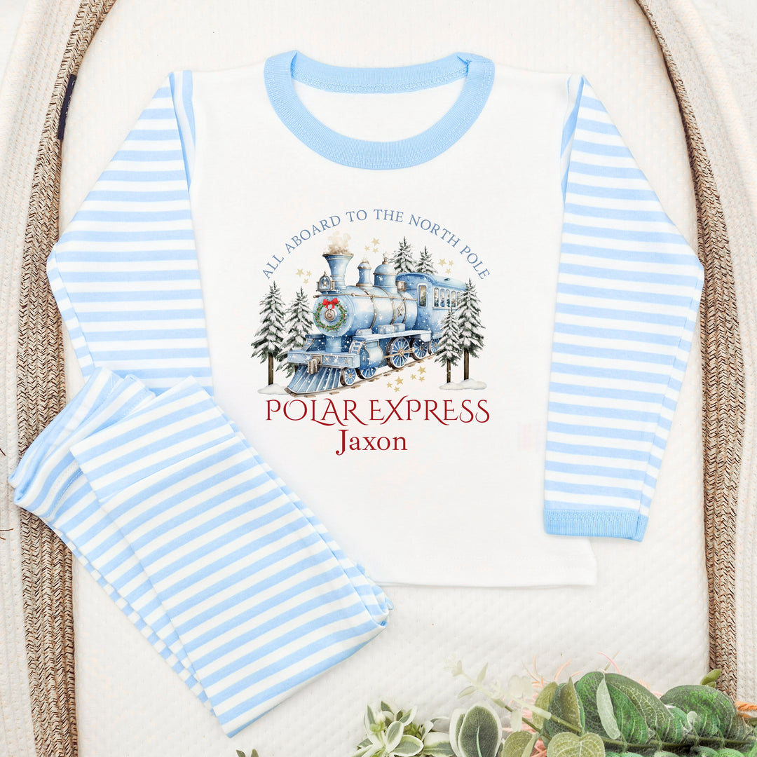 Personalised Blue Festive Train Christmas Pyjamas