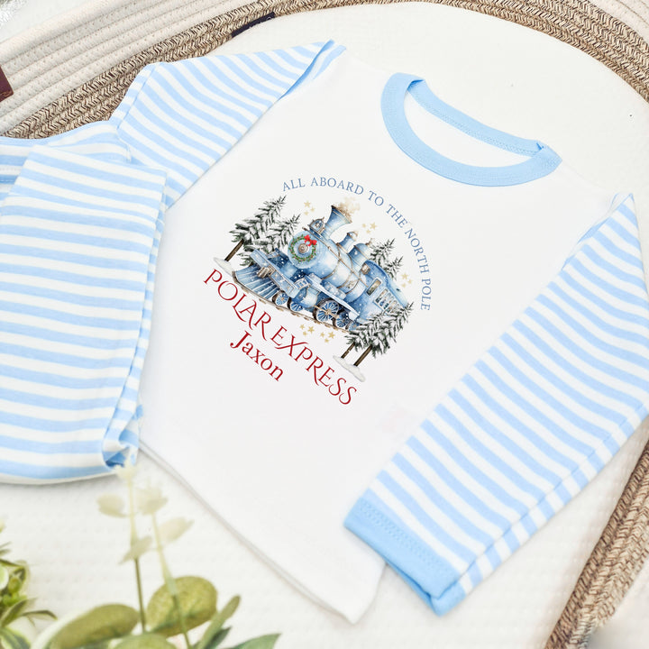 Personalised Blue Festive Train Christmas Pyjamas