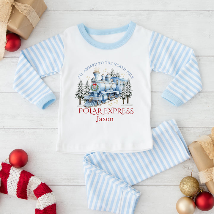 Personalised Blue Festive Train Christmas Pyjamas