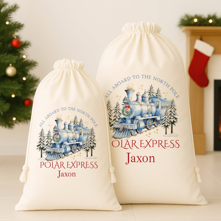 Personalised Blue Festive Train Canvas Santa Sack