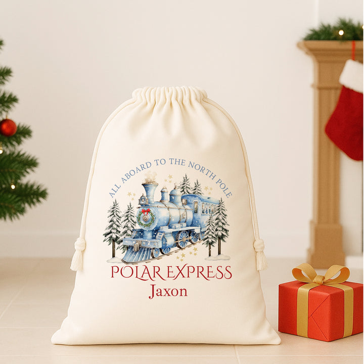 Personalised Blue Festive Train Canvas Santa Sack