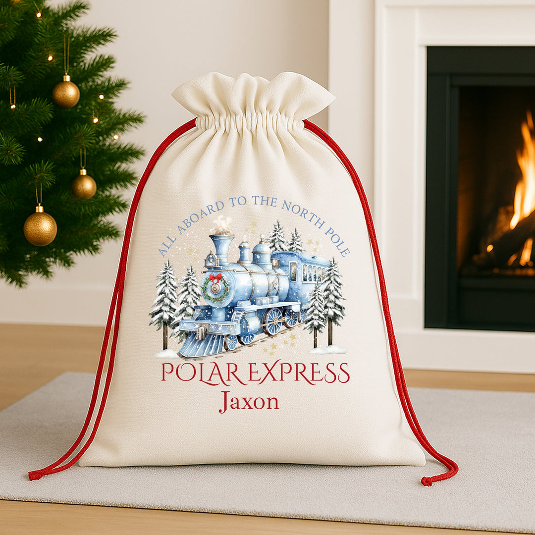 Personalised Blue Festive Train Canvas Santa Sack