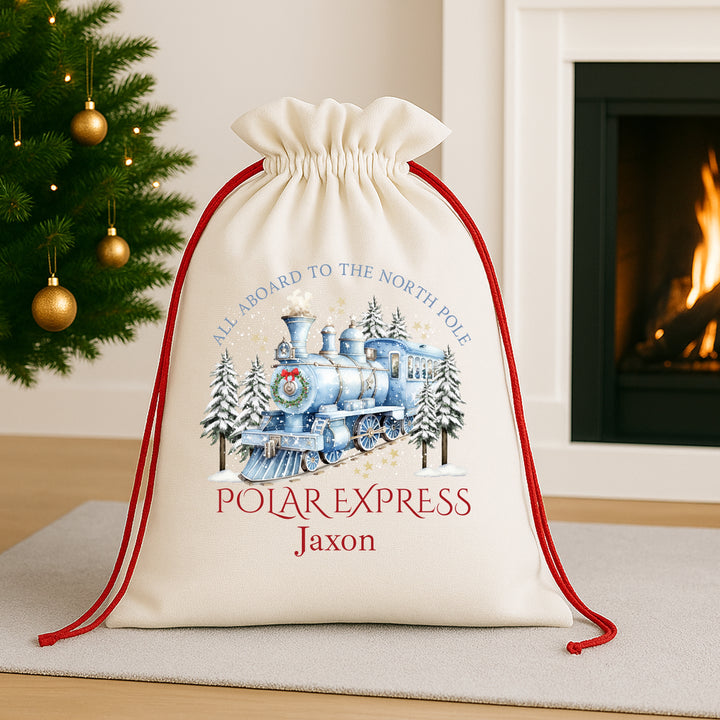 Personalised Blue Festive Train Canvas Santa Sack