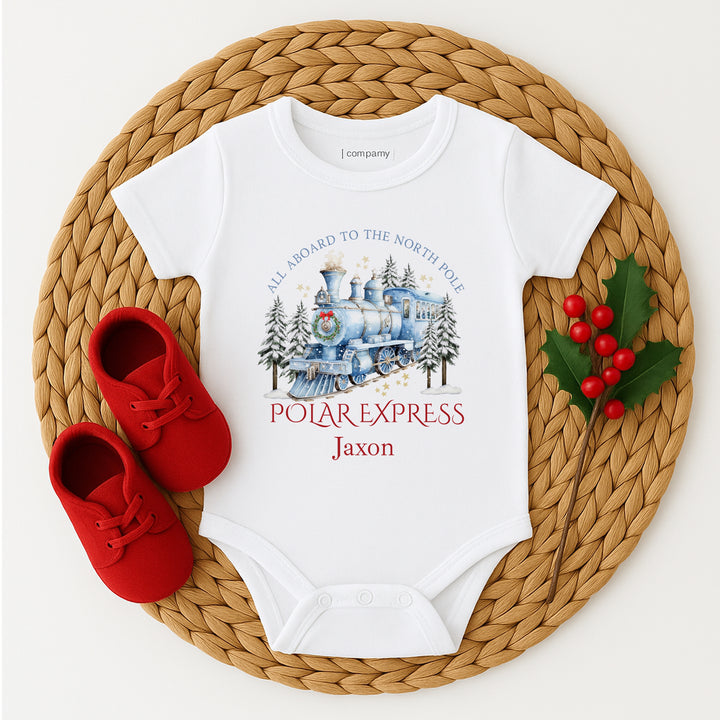 Personalised Blue Festive Train Christmas Baby Grow/Vest/Bib