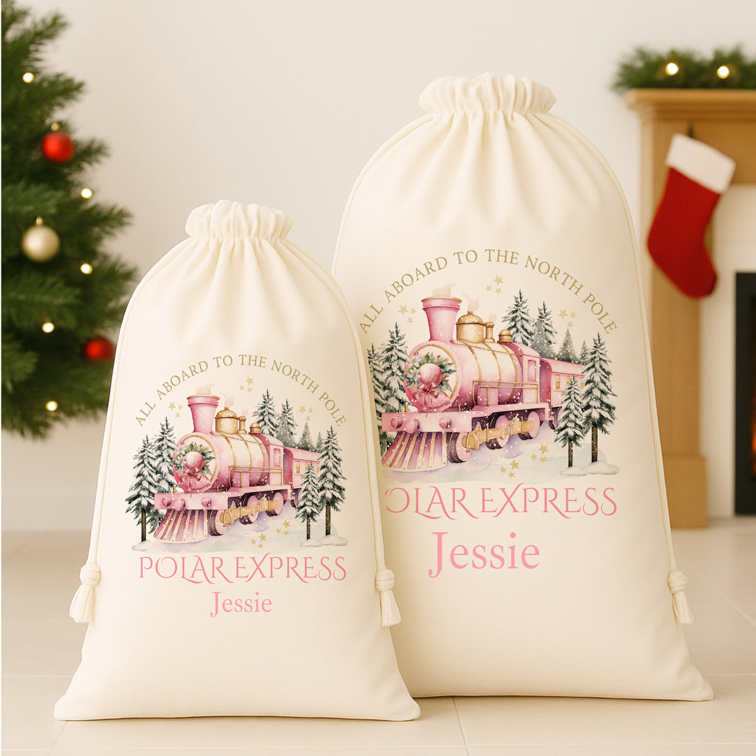 Personalised Pink Festive Train Canvas Santa Sack