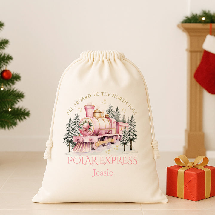 Personalised Pink Festive Train Canvas Santa Sack