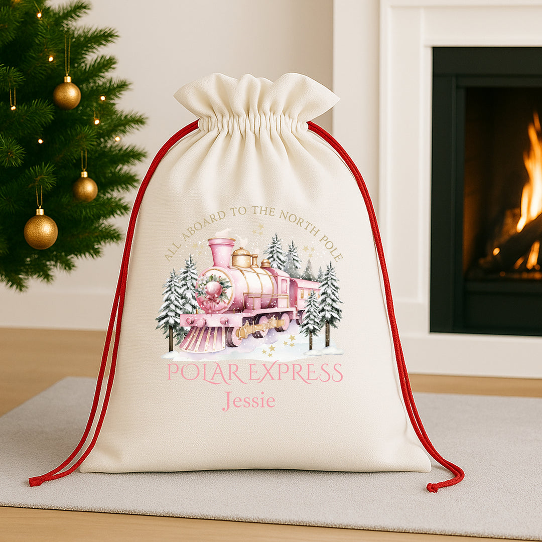 Personalised Pink Festive Train Canvas Santa Sack