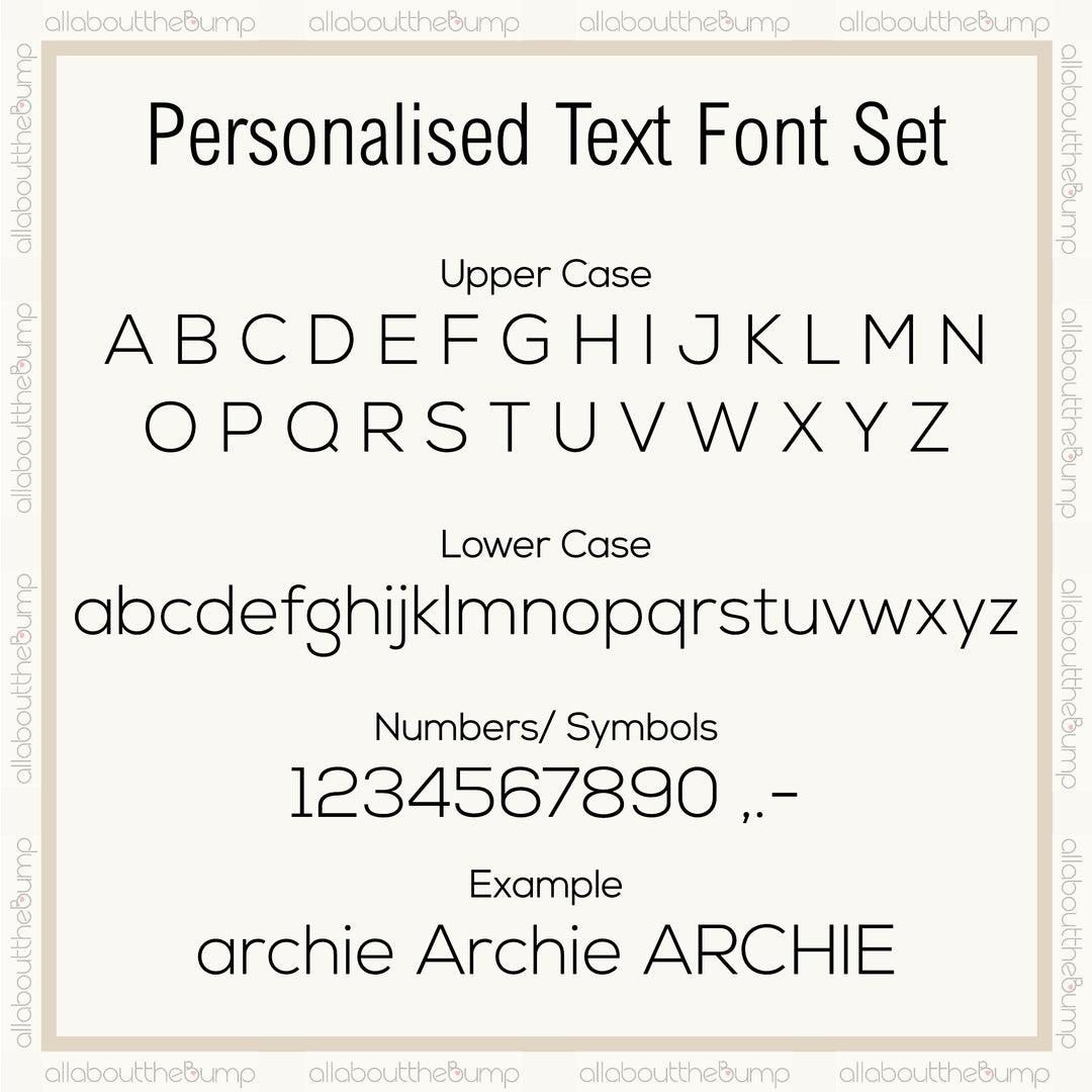 Personalised text font set with uppercase, lowercase letters, numbers, and symbols.