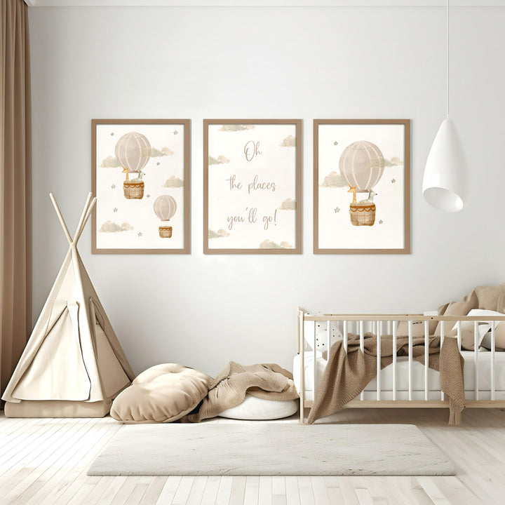 Oh The Places You'll Go Beige Hot Air Balloon Set of 3 Wall Art