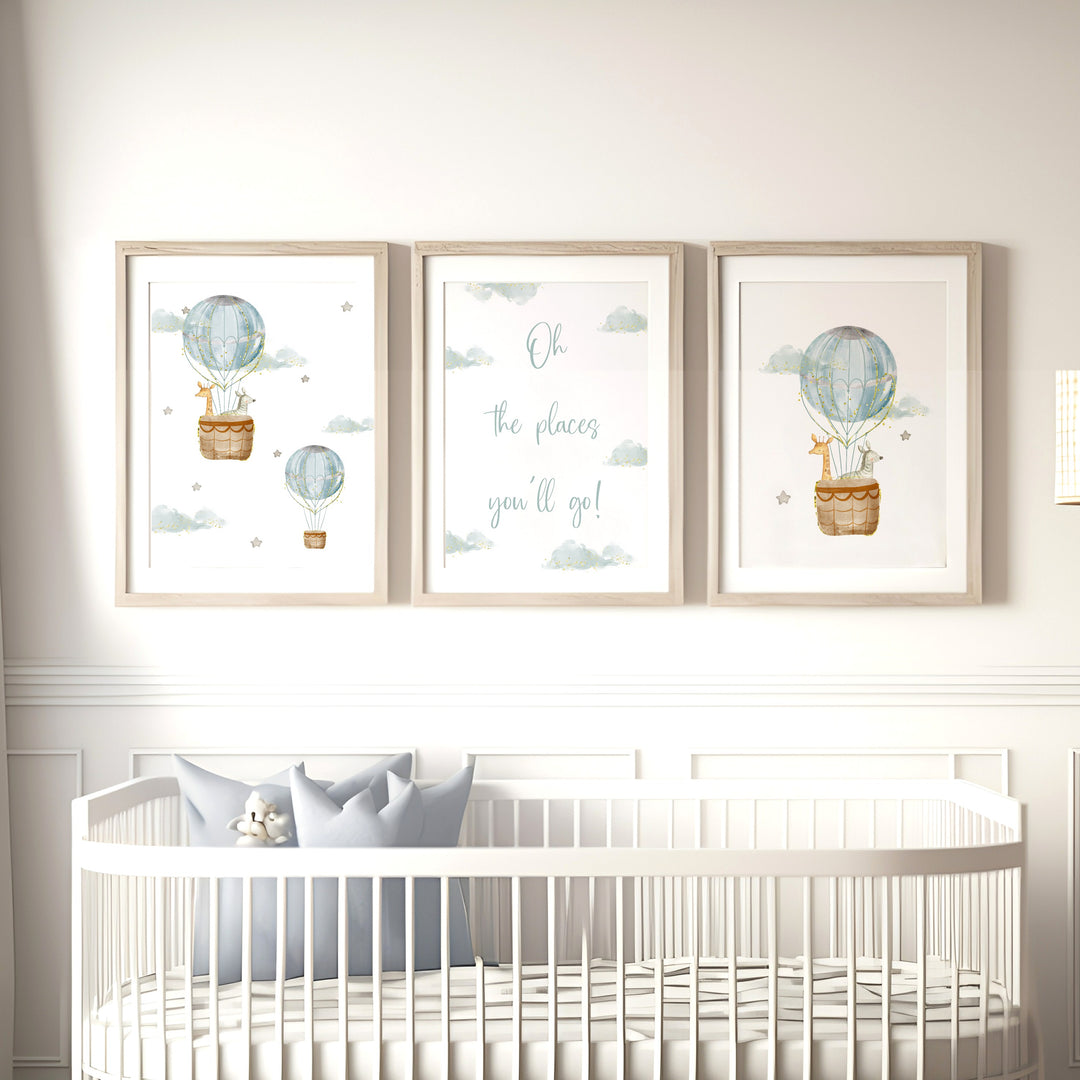 Oh The Places You'll Go Blue Hot Air Balloon Set of 3 Wall Art