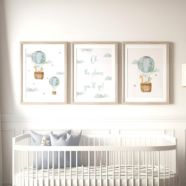 Oh The Places You'll Go Blue Hot Air Balloon Set of 3 Wall Art