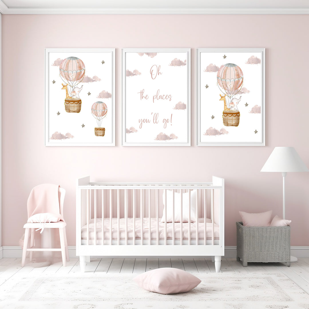 Oh The Places You'll Go Pink Hot Air Balloon Set of 3 Wall Art