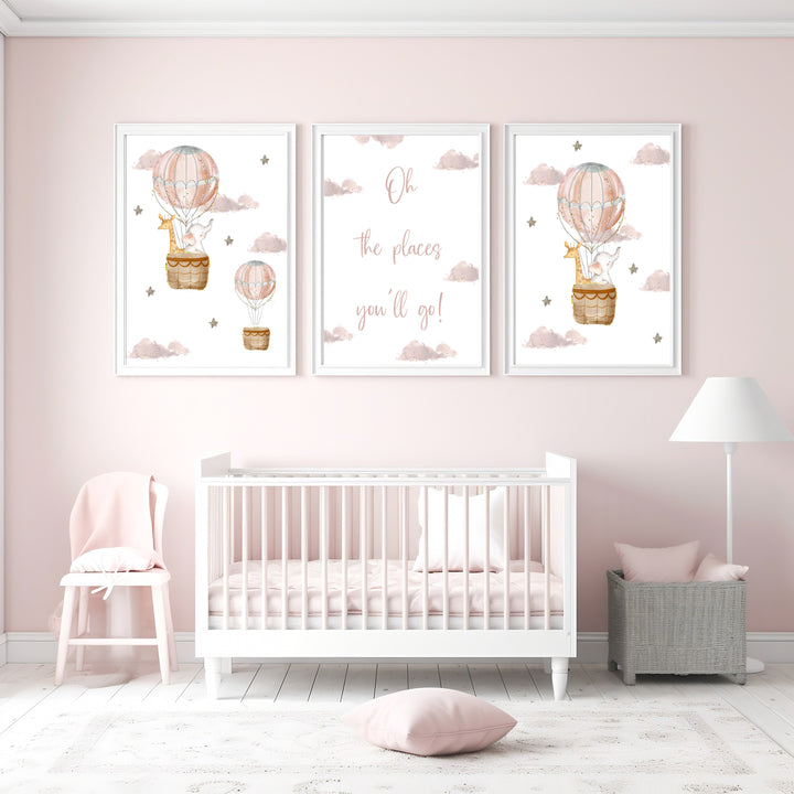 Oh The Places You'll Go Pink Hot Air Balloon Set of 3 Wall Art