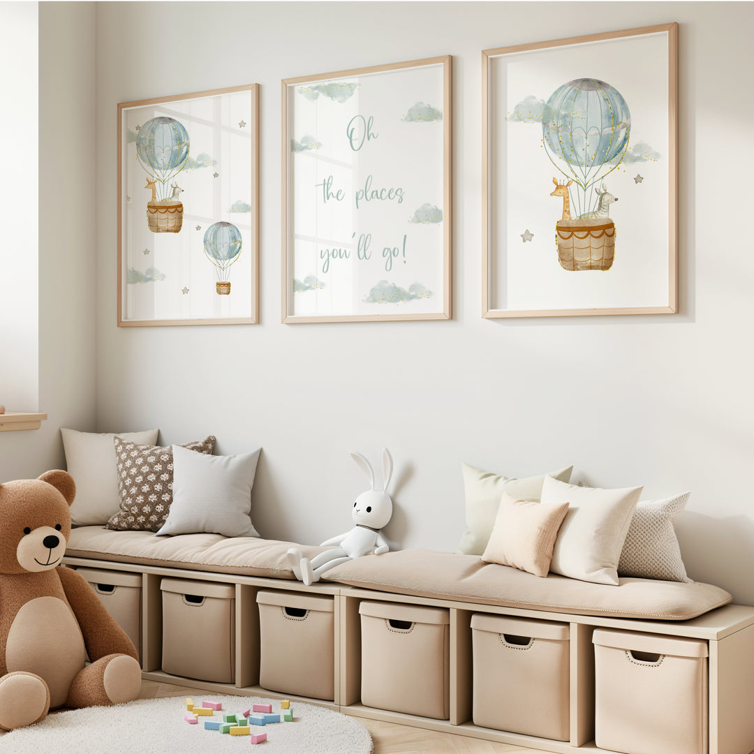 Oh The Places You'll Go Blue Hot Air Balloon Set of 3 Wall Art