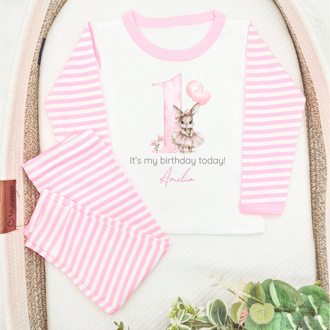 Personalised Ballerina Bunny Pink Stripe Birthday Pyjamas