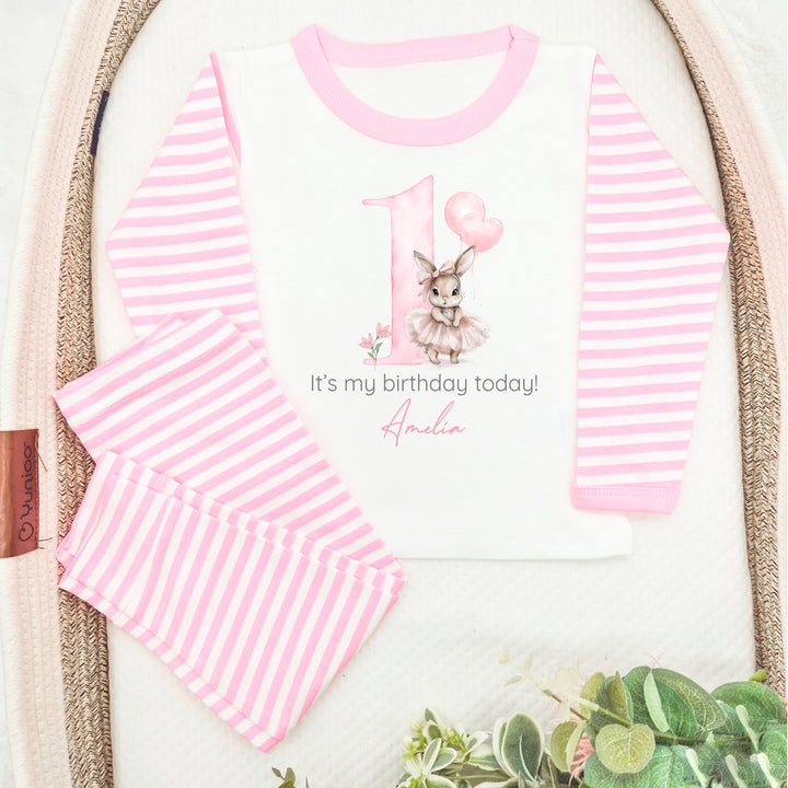 Personalised Ballerina Bunny Pink Stripe Birthday Pyjamas