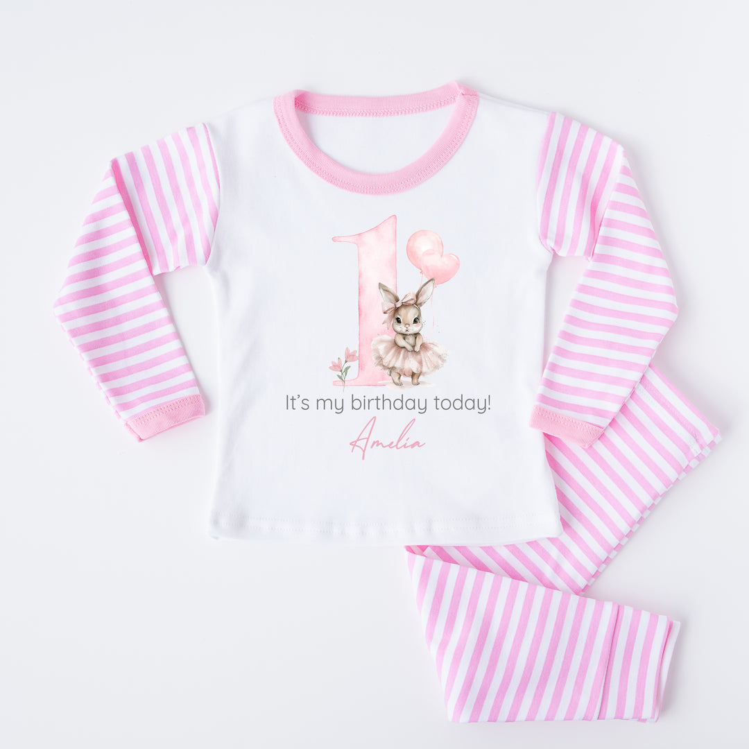 Personalised Ballerina Bunny Pink Stripe Birthday Pyjamas