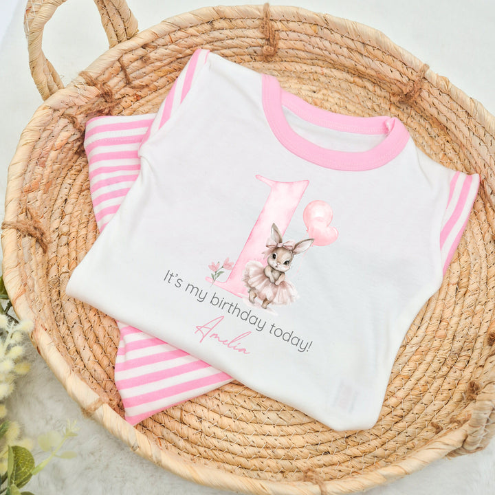 Personalised Ballerina Bunny Pink Stripe Birthday Pyjamas