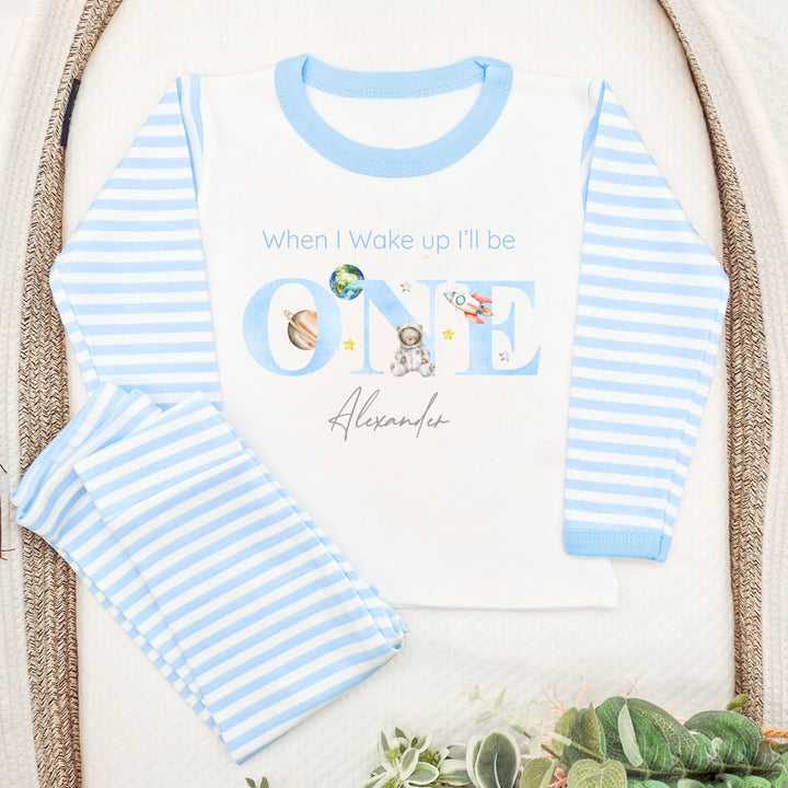 Personalised Spaceman Blue Stripe Boys Birthday Pyjamas