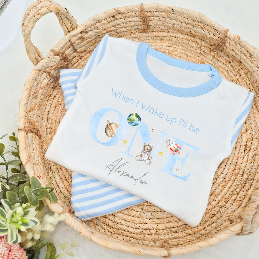 Personalised Spaceman Blue Stripe Boys Birthday Pyjamas