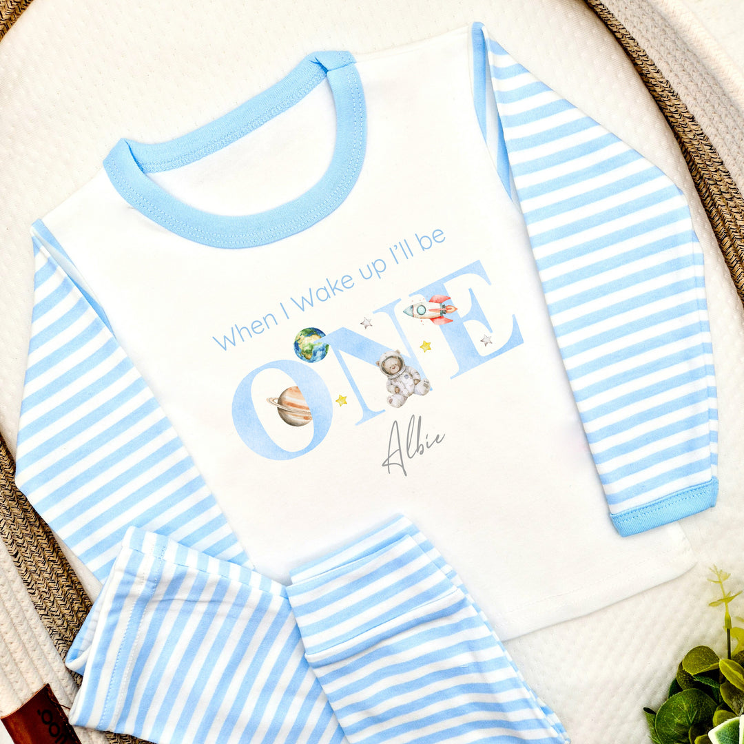 Personalised Spaceman Blue Stripe Boys Birthday Pyjamas