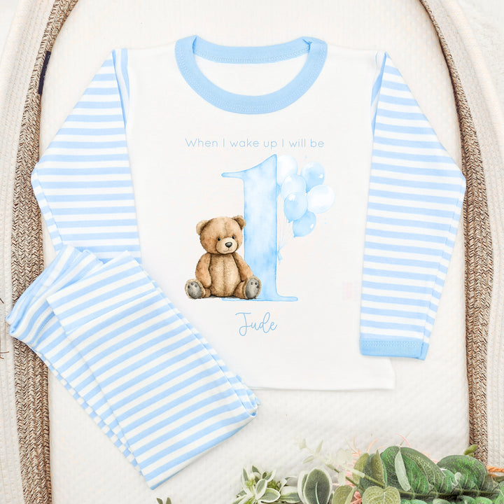 Personalised Teddy Bear Blue Stripe Boys Birthday Pyjamas