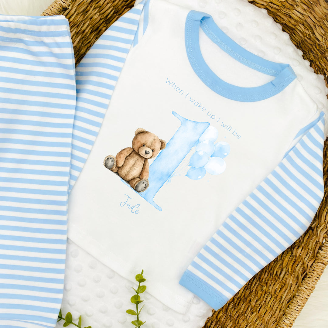 Personalised Teddy Bear Blue Stripe Boys Birthday Pyjamas