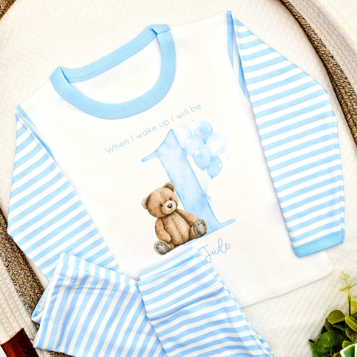 Personalised Teddy Bear Blue Stripe Boys Birthday Pyjamas