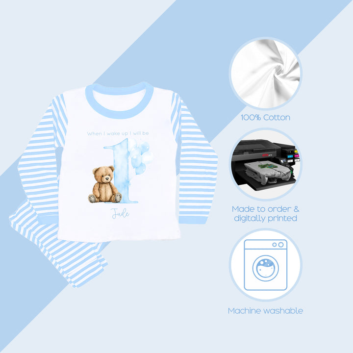 Personalised Teddy Bear Blue Stripe Boys Birthday Pyjamas