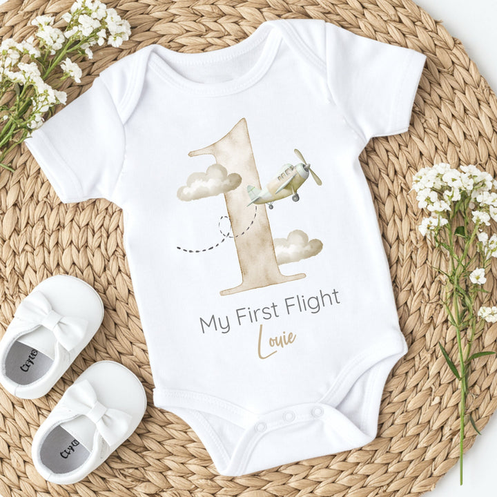Personalised Beige Planes My First Flight Baby Vest/T-shirt
