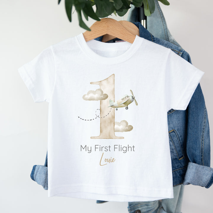 Personalised Beige Planes My First Flight Baby Vest/T-shirt