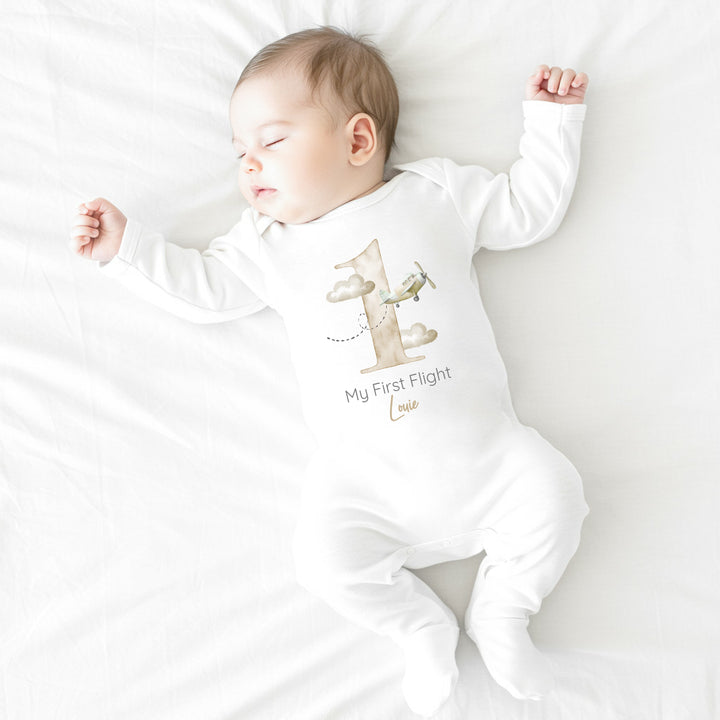Personalised Beige Planes My First Flight Baby Vest/T-shirt