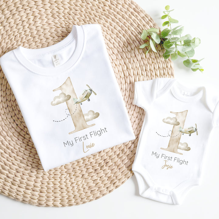 Personalised Beige Planes My First Flight Baby Vest/T-shirt