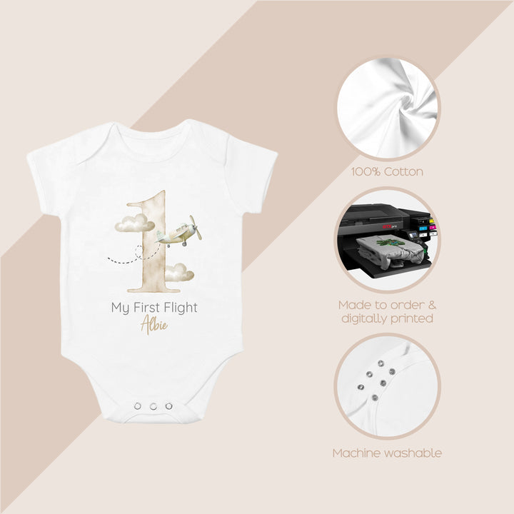 Personalised Beige Planes My First Flight Baby Vest/T-shirt