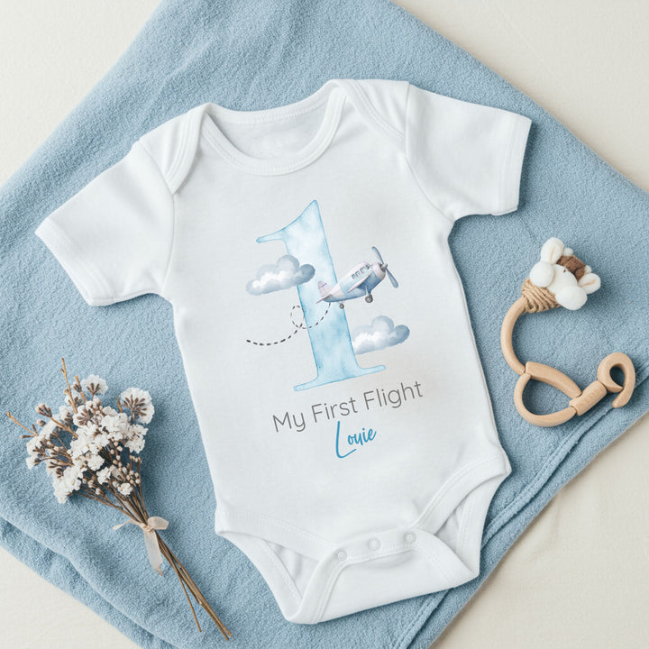 Personalised Blue Planes My First Flight Baby Vest/T-shirt